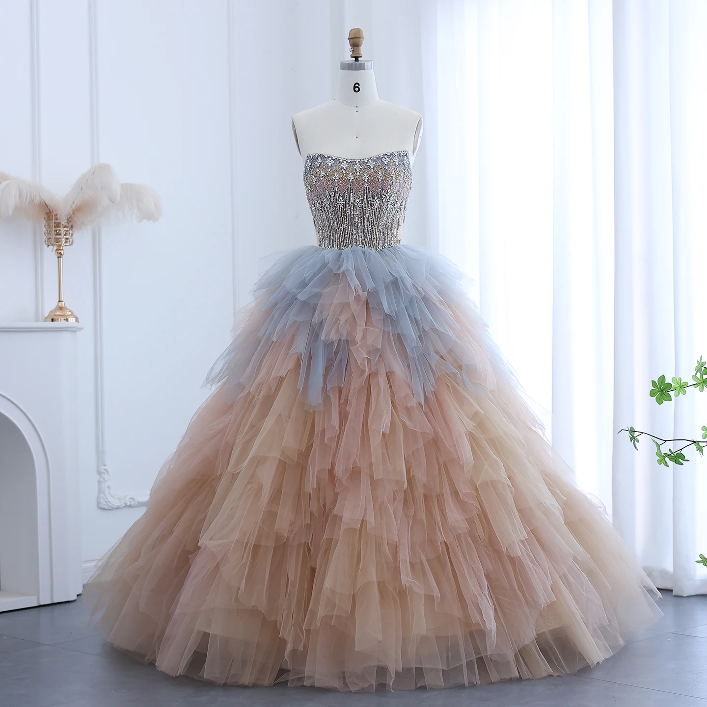 strapless open back dress Princess Embellished Long Sleeves Navy Blue Prom Dresses Ball Gown Wed –  Siaoryne main image 1