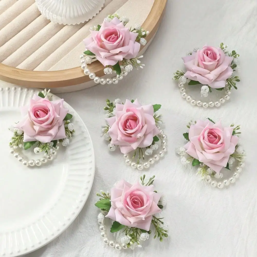 6PCS/SET Artificial Rose Flower Wrist Flower Exquisite Beautiful Wedding Wrist Corsage Silk Flower Bridesmaids Bracelet