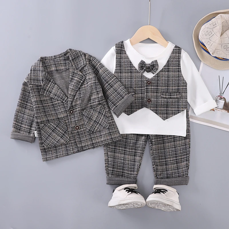 Jungen Glen Check Blazer Weste Anzug 3-teiliges Set Fliege T-Shirt Hose Kleinkind Gentleman Outfit Baumwollmischung Langarm 80-120 – Detail 2