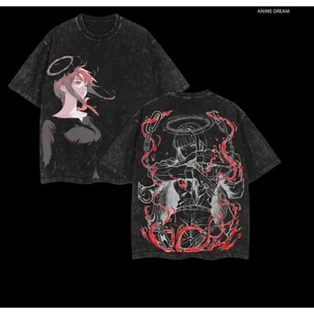 Anime Chainsaw Man Makima T-shirt For Men Women Clothing Vintage Washed Oversized T Shirt Pure Cotton O-Neck Tee Streetwear