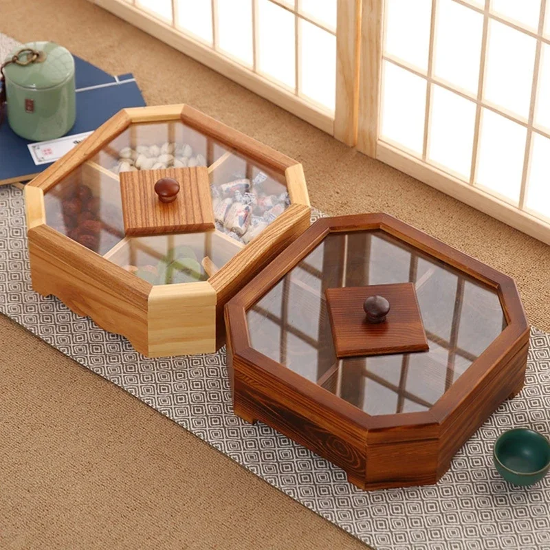 

Solid Wood Snack Box Chinese Style Divided Grid Dried Fruit Tray Vintage Ornament for Home Living Room Candy Nut Melon Seeds Cas