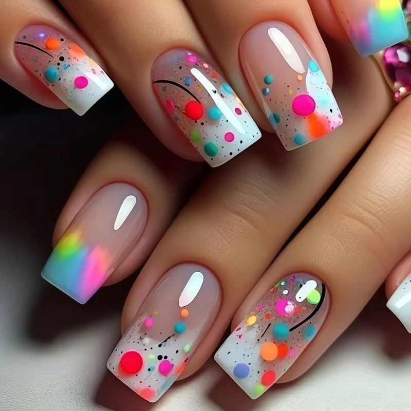 24 pieces of popular nail art dreamy color-changing macaron colored round dots in long rectangle style for wearing on nails