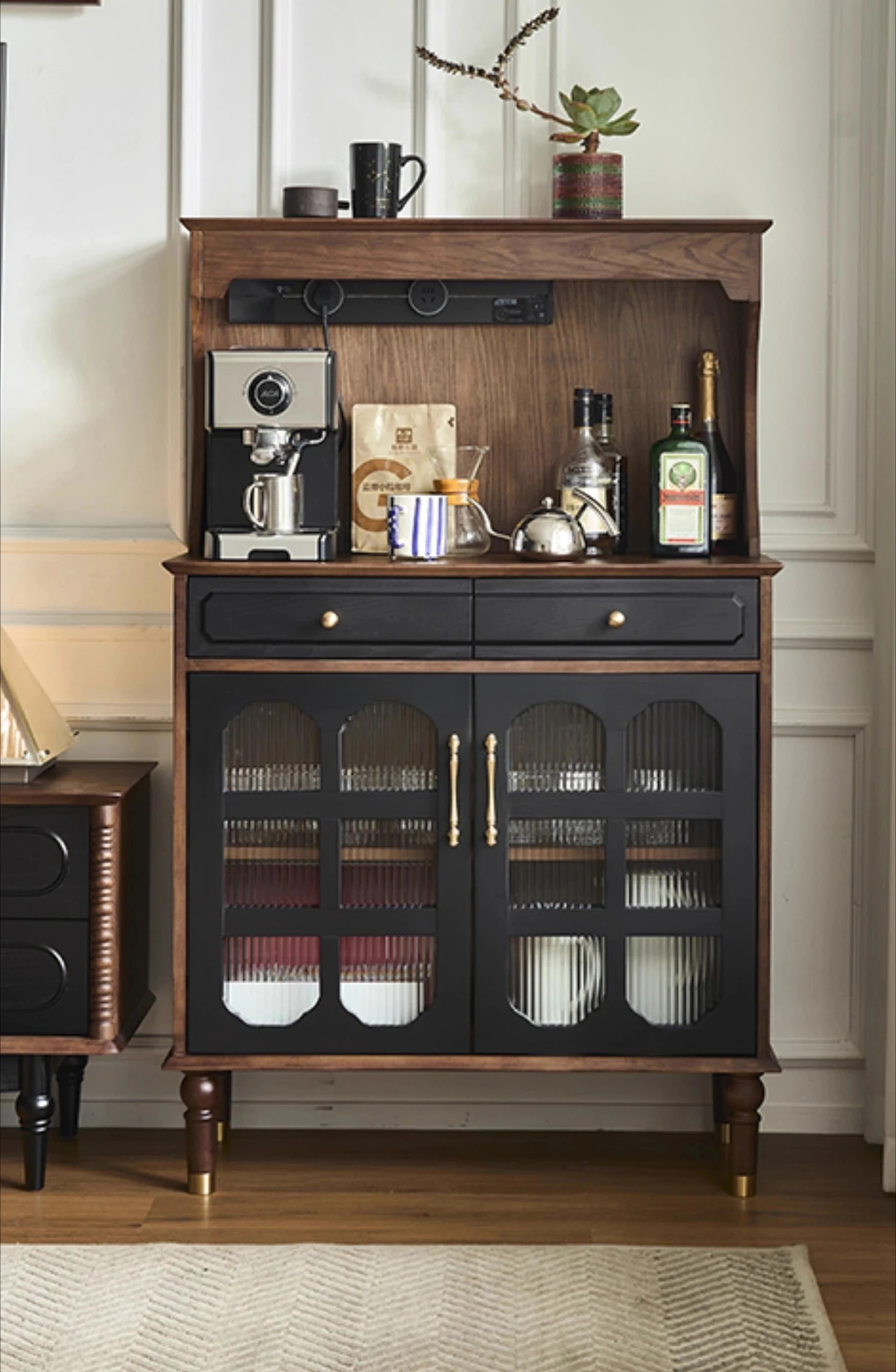 

French retro style solid wood dining side cabinet against the wall, black storage and tea cabinet