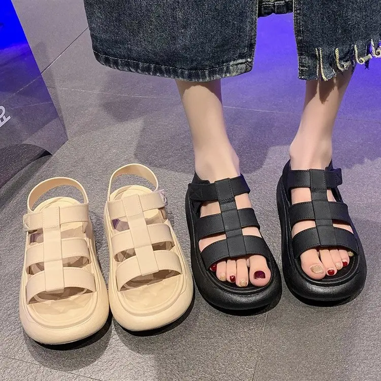 

Summer New Soft Bottom Roman Sandals Female Hollow Open Toe Flats Lightweight Non-slip Casual Thick Bottom Beach Shoes