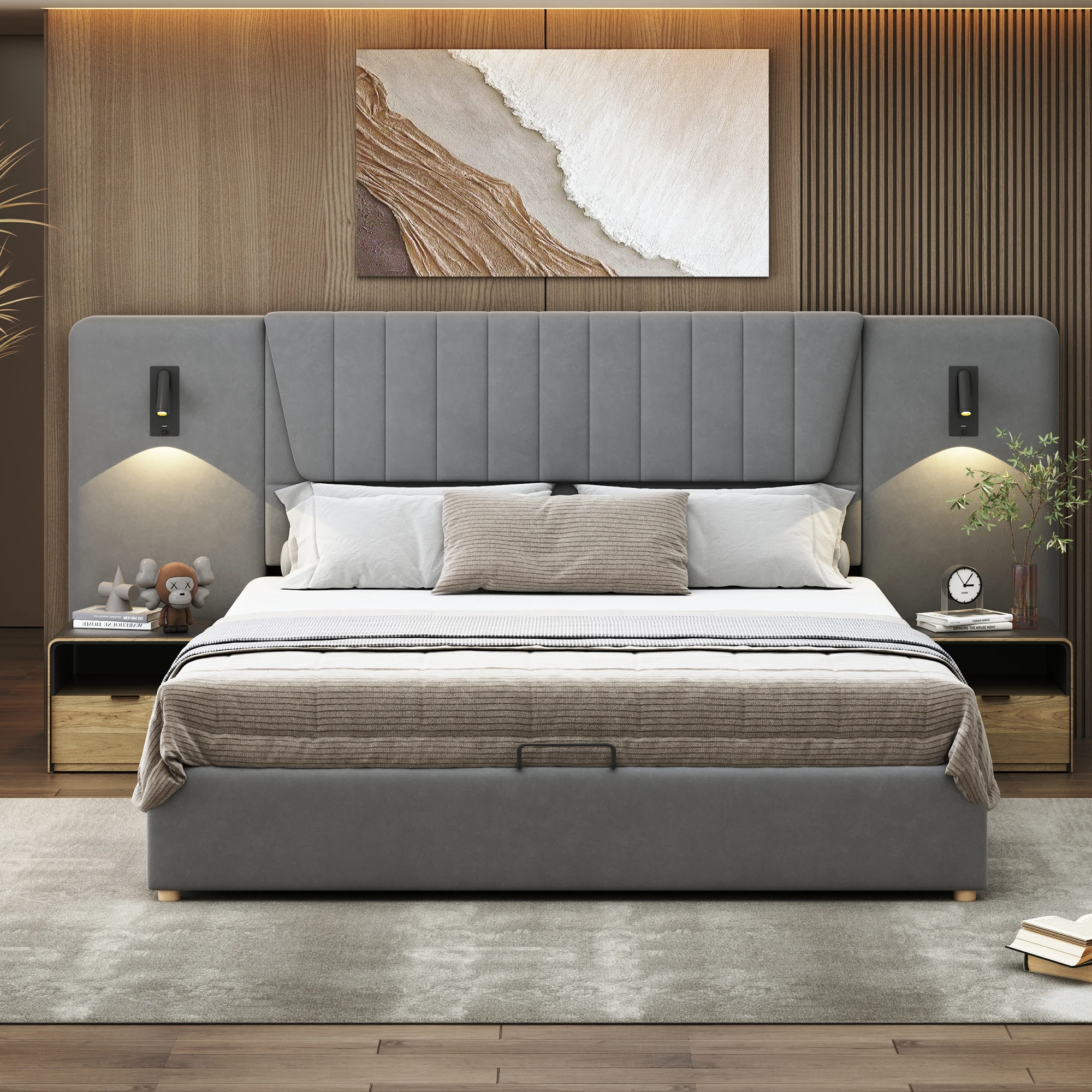 KOMHTOM Doppelbett 180x200 cm aus Samtstoff mit verstellbarer Leselampe USB Ladeanschluss und hydraulischem Stauraumbett