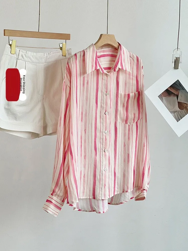 

Heidd Early Spring 2026 Women's Casual Loose Fit Long Sleeve Shirt Linen Lyocell Pink Stripe Turn-down Collar Classic Style