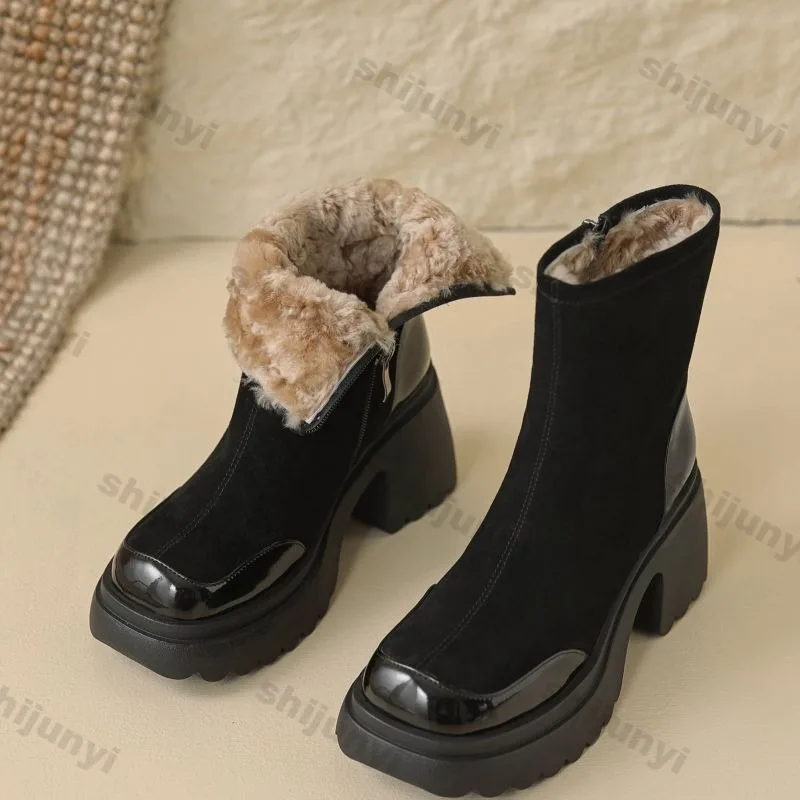 2025 Winter Women's Snow Boots Plush Warm Comfortable Zipper High Heels Height Raising Platform Waterproof Fashion Short Boots