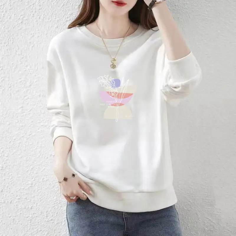 New Spring and Autumn Women\'s Solid Color O-Neck Long Sleeve Loose Thin Korean Printed Pullovers Classic Fashion Casual Tops