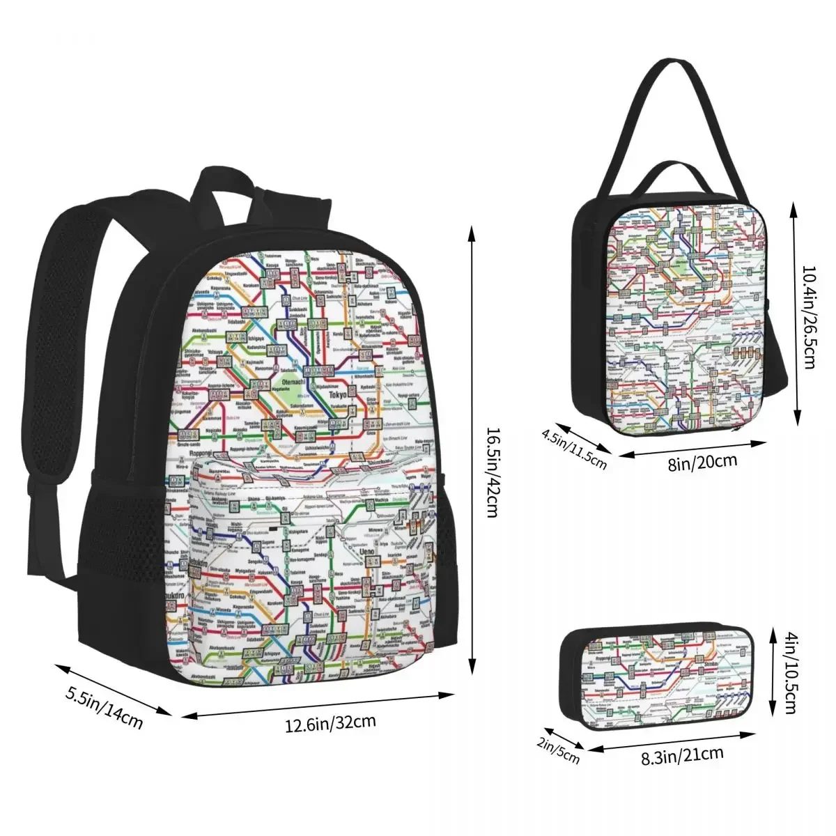 Tokyo Subway Map Clock Backpacks Boys Girls Bookbag Students School Bags Cartoon Kids Rucksack Lunch Bag Pen Bag Three-Piece Set