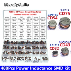 480Pcs/ Box CD32 CD43 CD54 CD75 24 Value Power Inductance Shielded Inductor SMD Kit 2.2UH 4.7UH 10UH 47UH 68UH 100UH 330UH 680UH