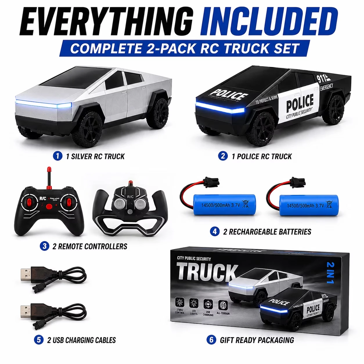 2PCS RC Cyber Truck Toys Remote Control Car Set Silver Pickup Police Truck LED Light Electric Racing Vehicle for Boys Girls Gift view 5