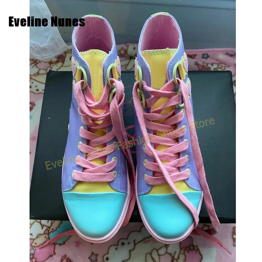 Y2K Girl Sweet High Top Sneakers Color Block Heart Applique Lace Up Shoes Festival Street Party Women Cute Casual Footwear 2026 view 3