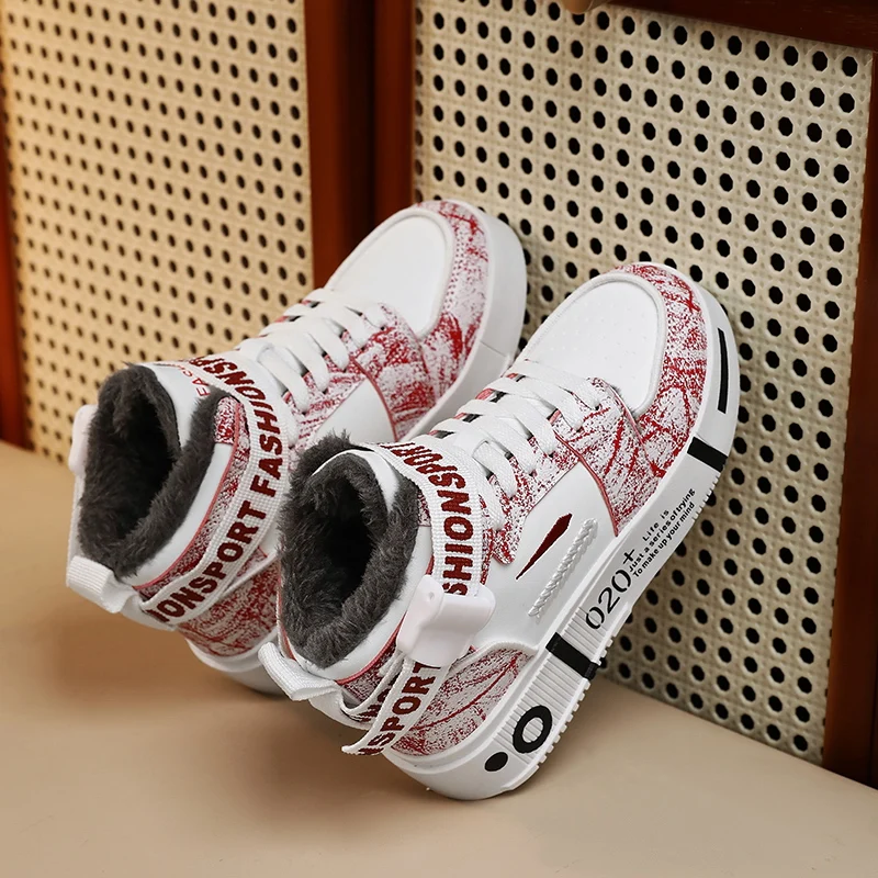 Fashion Boys Sneakers Children Casual Shoes High Top Board Shoes Plush Warm Kids Running Sneakers Outdoor Walking Winter Boots