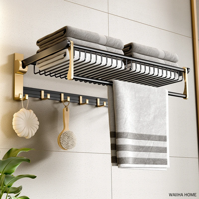 

Black Gold Towel Bar Holder No Drill Grey Towel Rack Basket Foldable Wall Mounted Bathroom Storage Shelf Bathroom Accessories