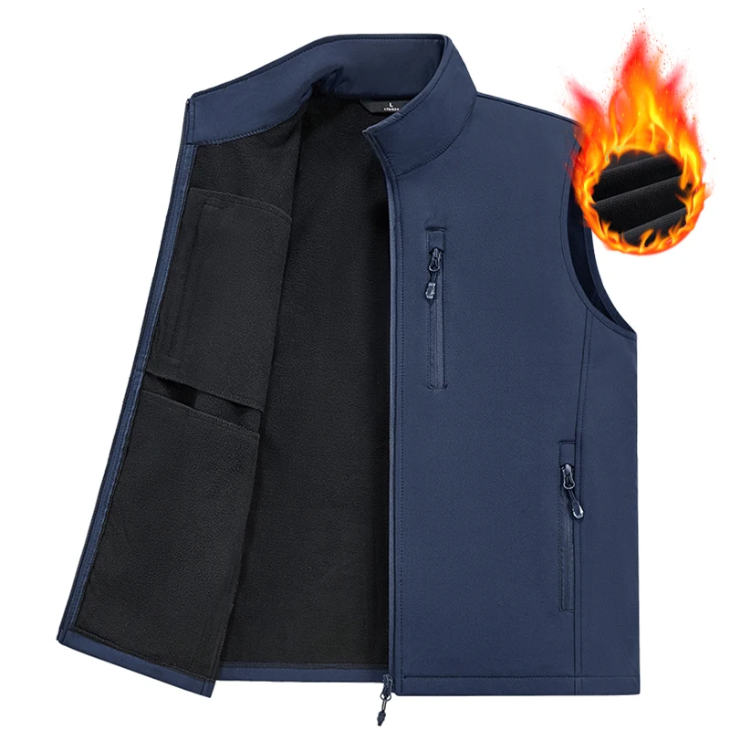 

Men's Soft Shell Thick Vest Men's Casual Thick Standing Collar Vest Outdoor Work Hiking Travel Golf Vest with Zipper Pockets