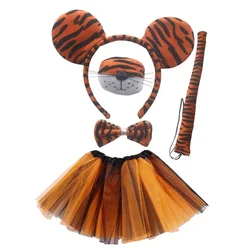Kids Girls Tiger Costume Set Animals Ear Headband Tail Nose Bow Tie Tutu Skirt for Halloween Cosplay Party