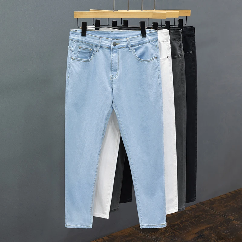 

Men's Jeans Spring Summer Thin Slim Fit Elastic Cotton Soft Straight Denim Ankle Length Pants Korean Youth Fashion Trousers