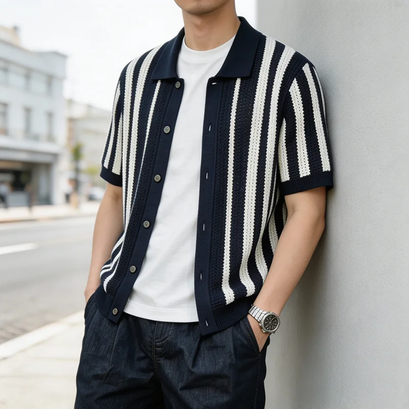 2026 British Style Knit Shirts Mens Summer Contrast Color Lapel Short Sleeve Cardigan Tops Fashion Button Striped Shirt Men