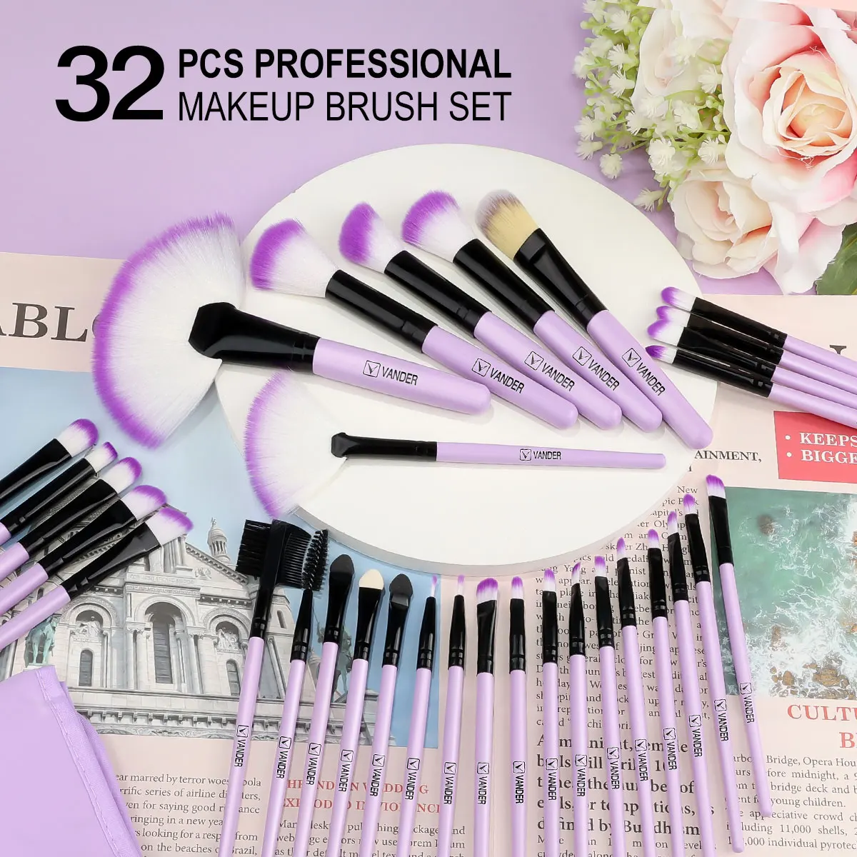 32pcs Makeup Brushes Purple Professional High Quality Natural Hair Cosmetic Foundation Powder Blush Eyeshadow Brush Set