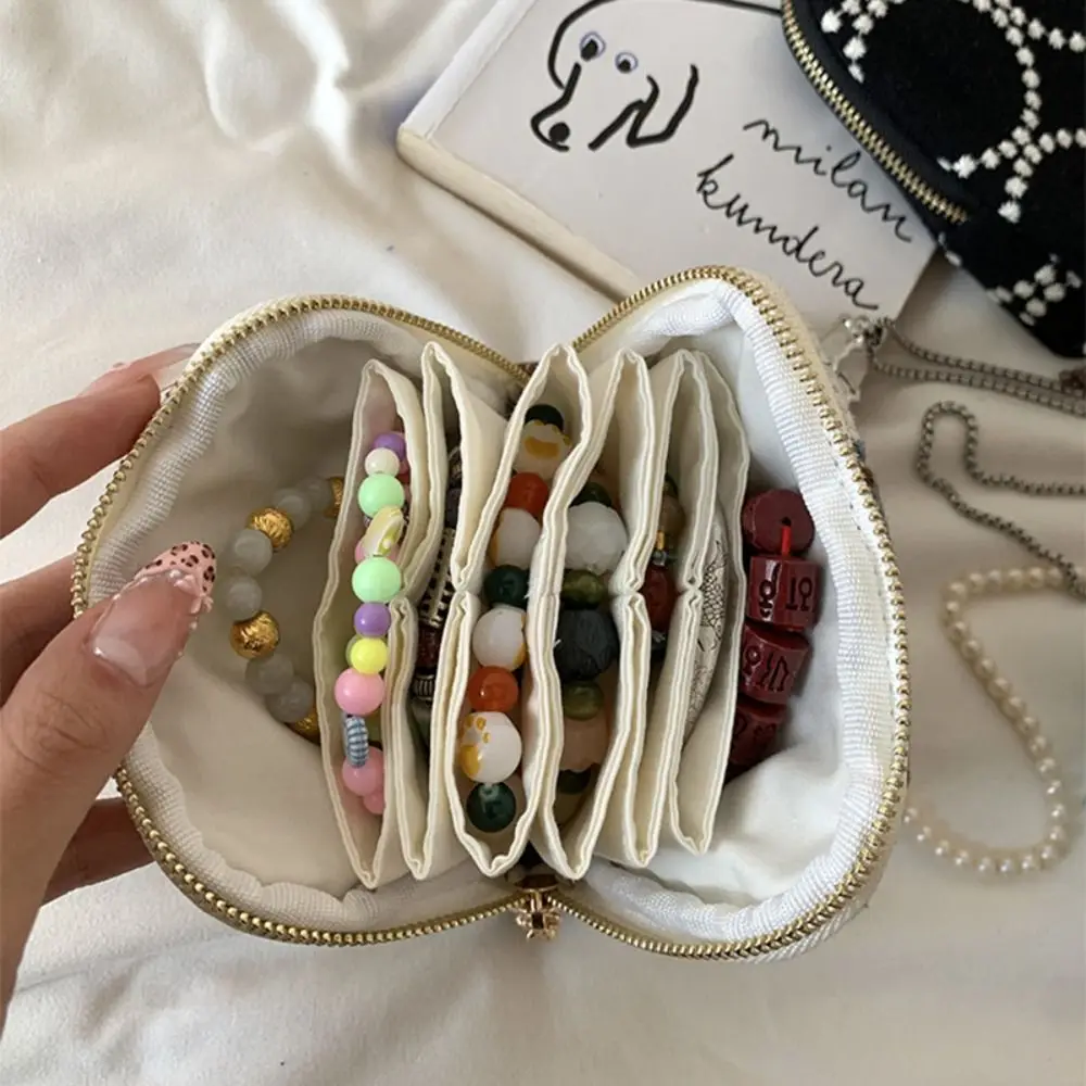 Multi-Layered Embroidered Jewelry Storage Bag Embroidery Cotton Linen Portable Jewelry Organizer Anti-lost Design Elegant