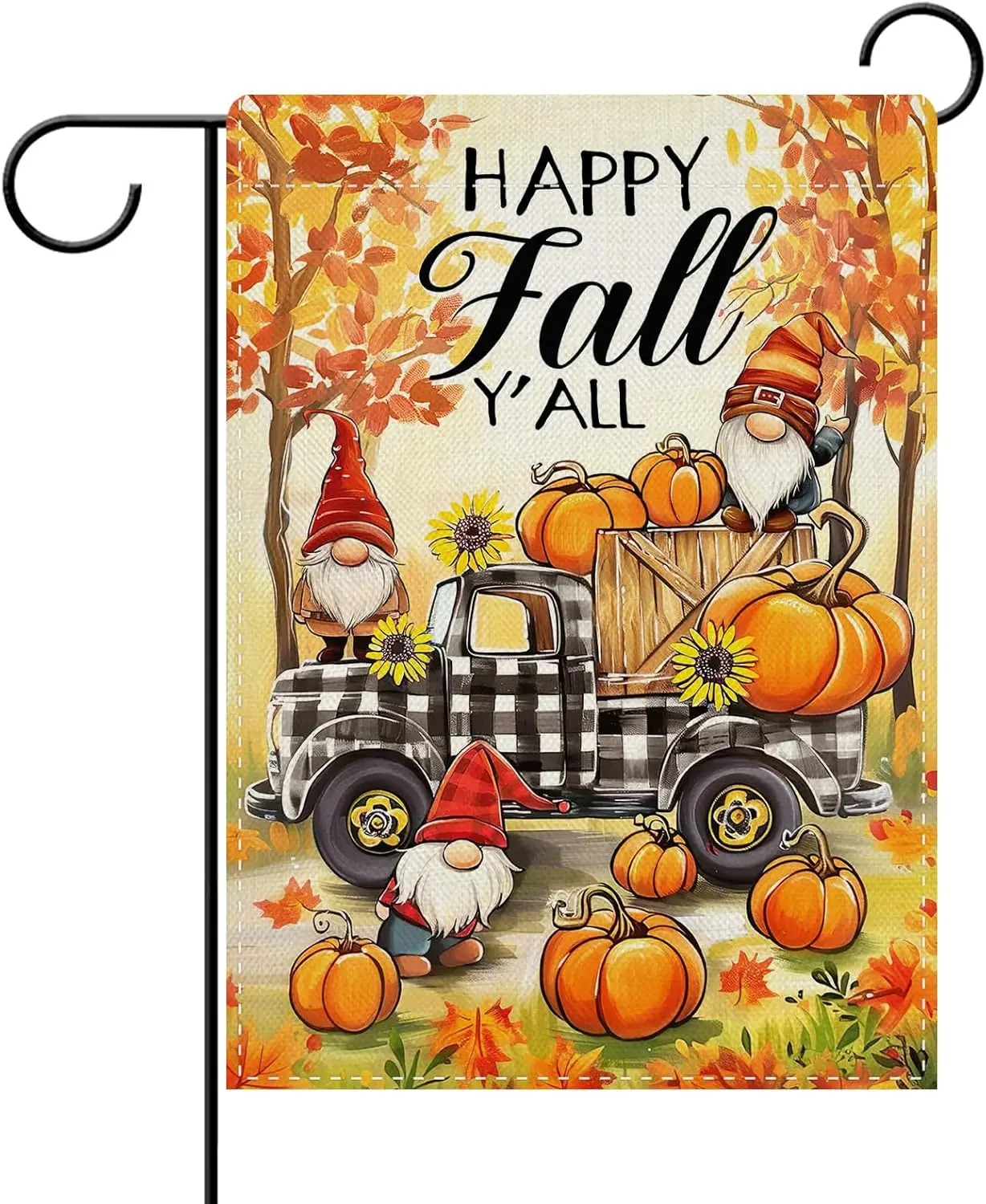 Dyrenson Happy Fall Y'all Plaid Truck Decorative Garden Flag, Autumn Harvest Gnome Pumpkin Maple Tree Yard Outside Home  LLE UUN