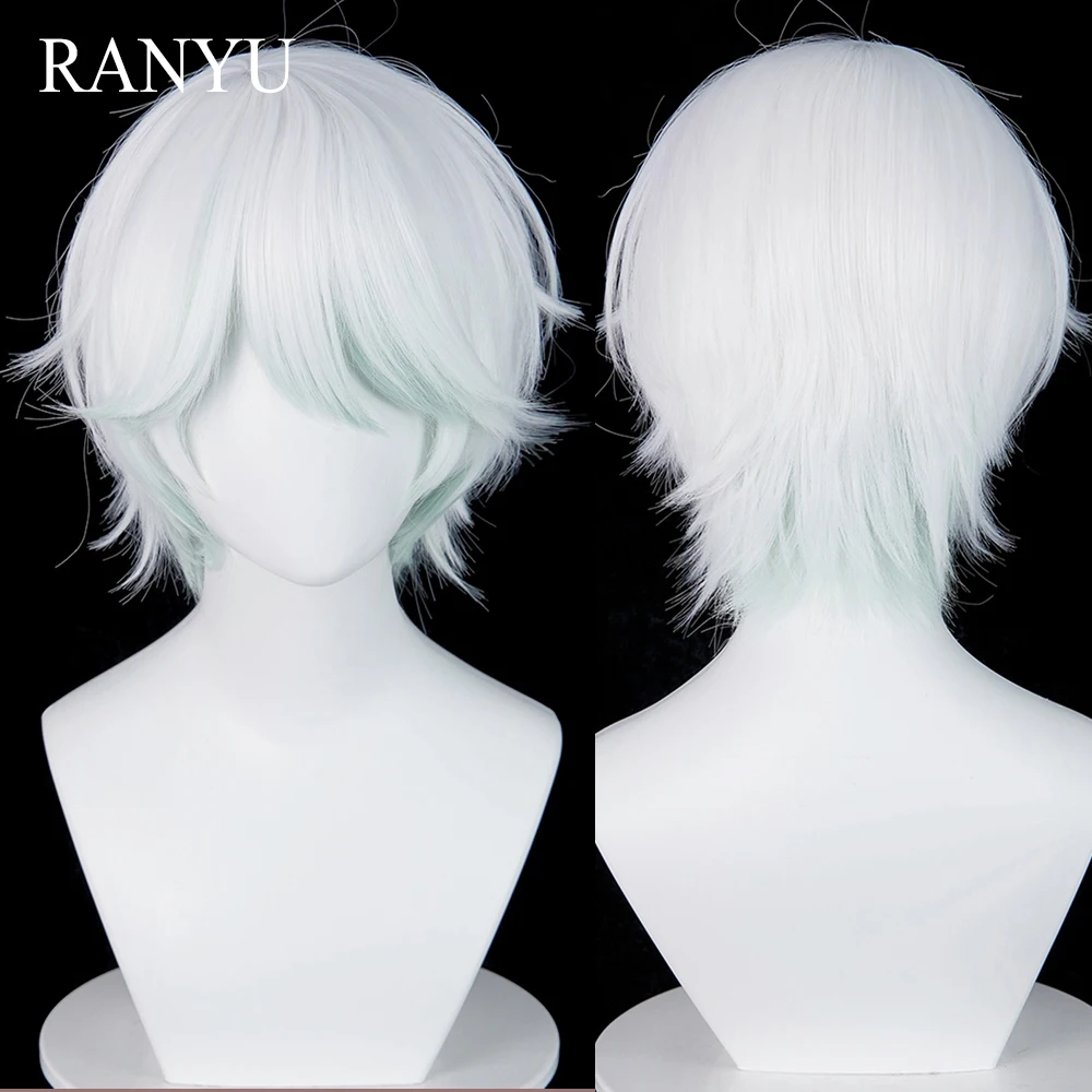 White Ombre Green Synthetic Short Straight Wigs with Bangs Anime Game Cosplay Fluffy Heat Resistant Wig for Daily Party