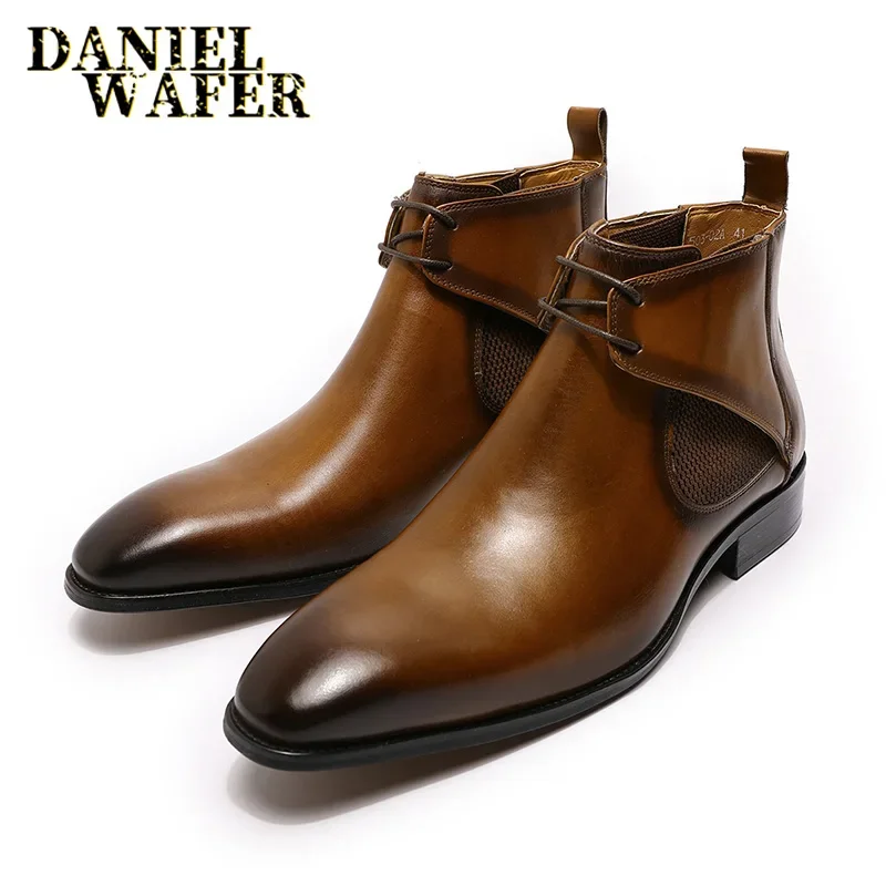 

Luxury Brand Men's Chelsea Boots Black Brown Pointed Toe Handmade Genuine Leather Lace Up Wedding Office Business Boots for Men