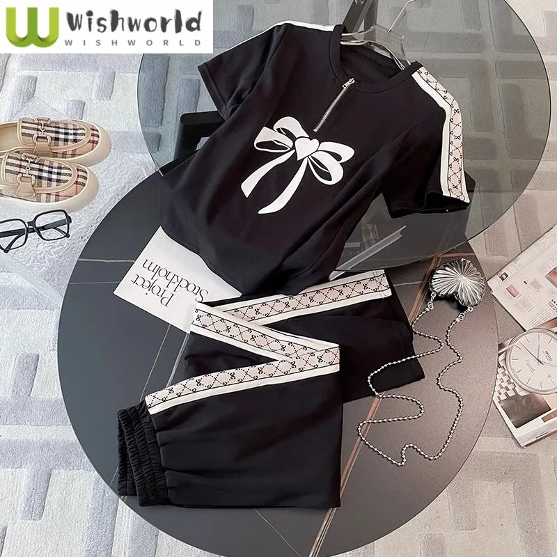 

Plus Size Bow Print Short Sleeved T-shirt Wide Leg Pants Two-piece Set Ice Silk Short Sleeved Straight Leg Pants Set