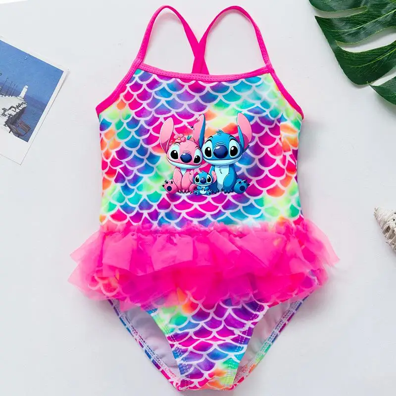 

Lilo Stitch Girl's Summer Mermaid Scale One-Piece Swimsuit Trendy Fish Print Beachwear for Pool Parties & Swimming