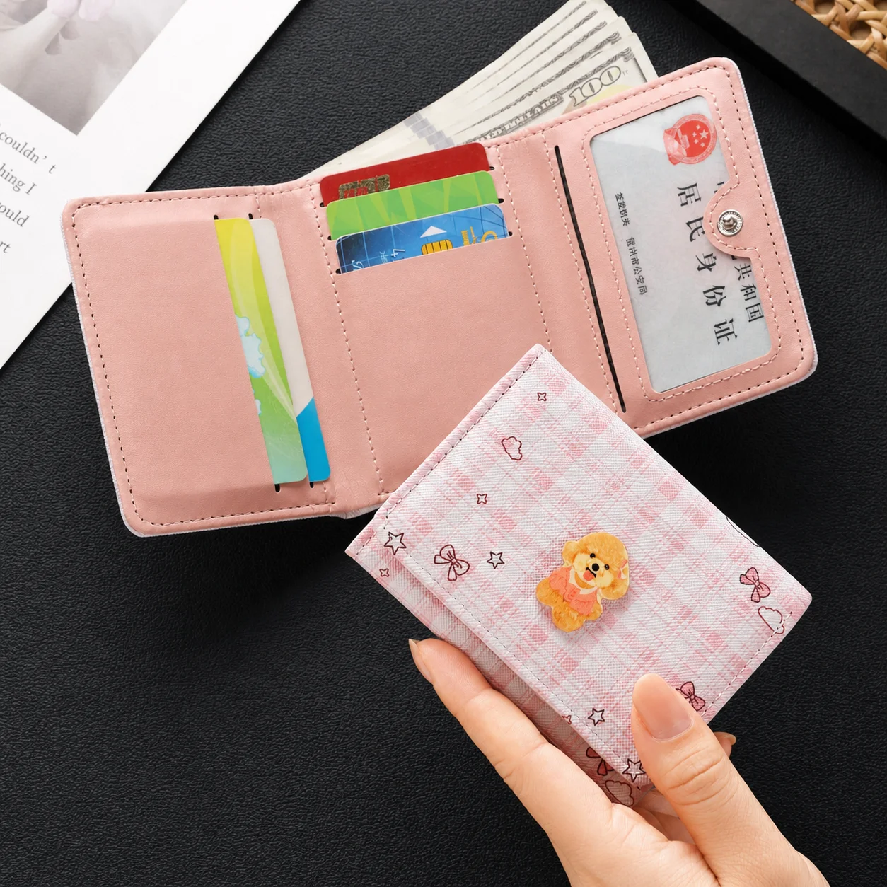 Card Holder Plaid Short Wallet Plaid Wallet Pu Women'S Tri-Fold Wallet For Women Small Bags Daily Use