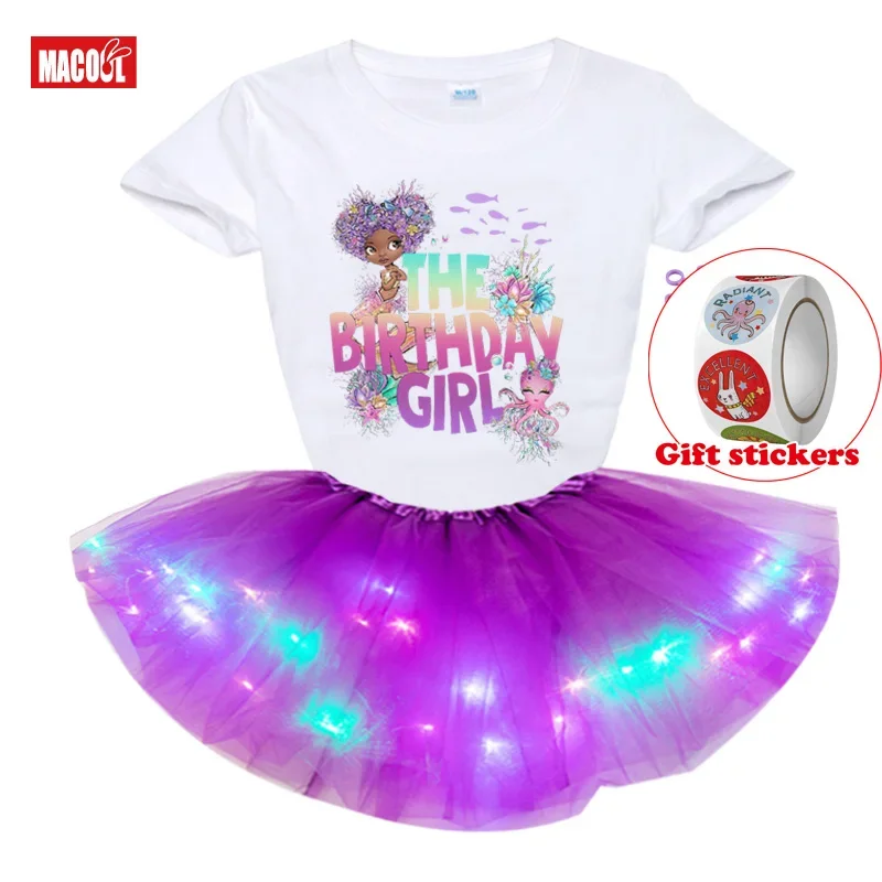 

Black Mermaid Dolphint Shirt Set Girl Dress Set The Birthday Girl Dress Party 3Pc Kids T-shirt+Girls' Skirt+Children's Stickers