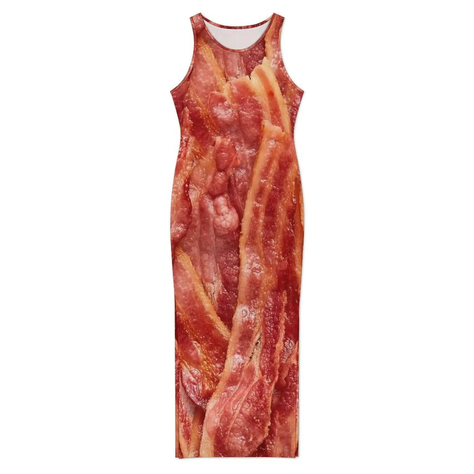 Cooked Bacon Texture Print Bodycon Dress Summer  Kawaii Maxi Dresses Women Sleeveless Design Street Style Dress Big Size 3XL 4XL