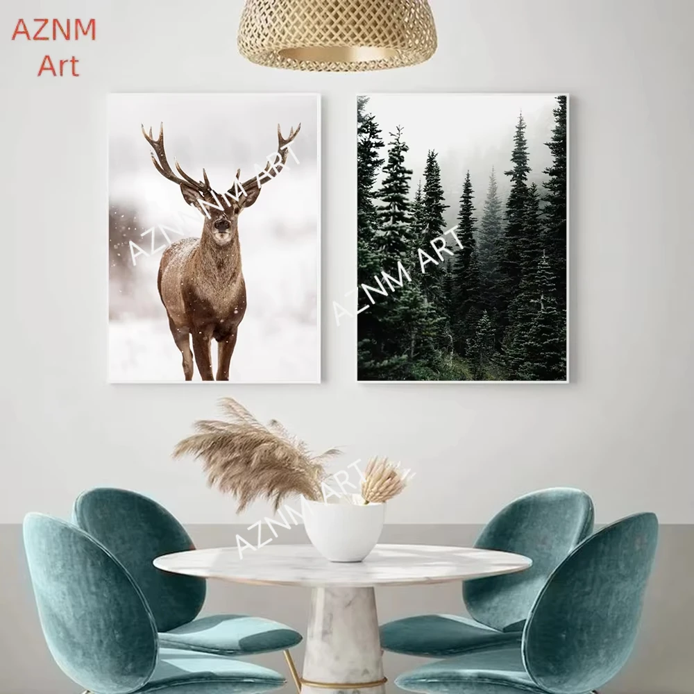 Winter Schnee Wald Hirsch Eule Sonnenlicht Landschaftsgemälde Nordische Morgenlandschaft Heim-Dekoration Leinwand Poster Kunstdruck Wandbilder