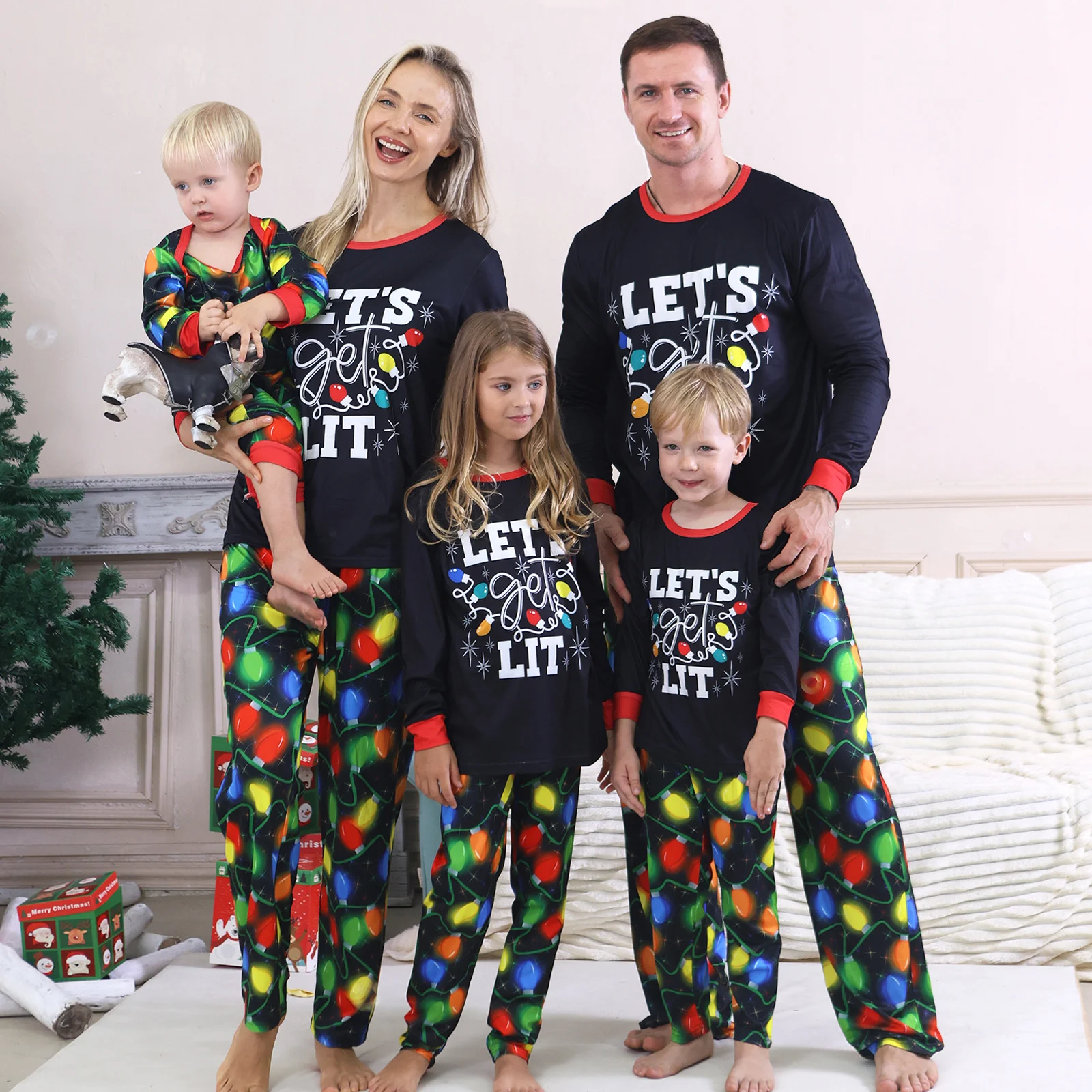

2025 New Christmas Matching Outfits Let's Lit Print Family Pajamas Set Full Sleeve 2 Pieces Suit Sleepwear Baby Romper Xmas Look