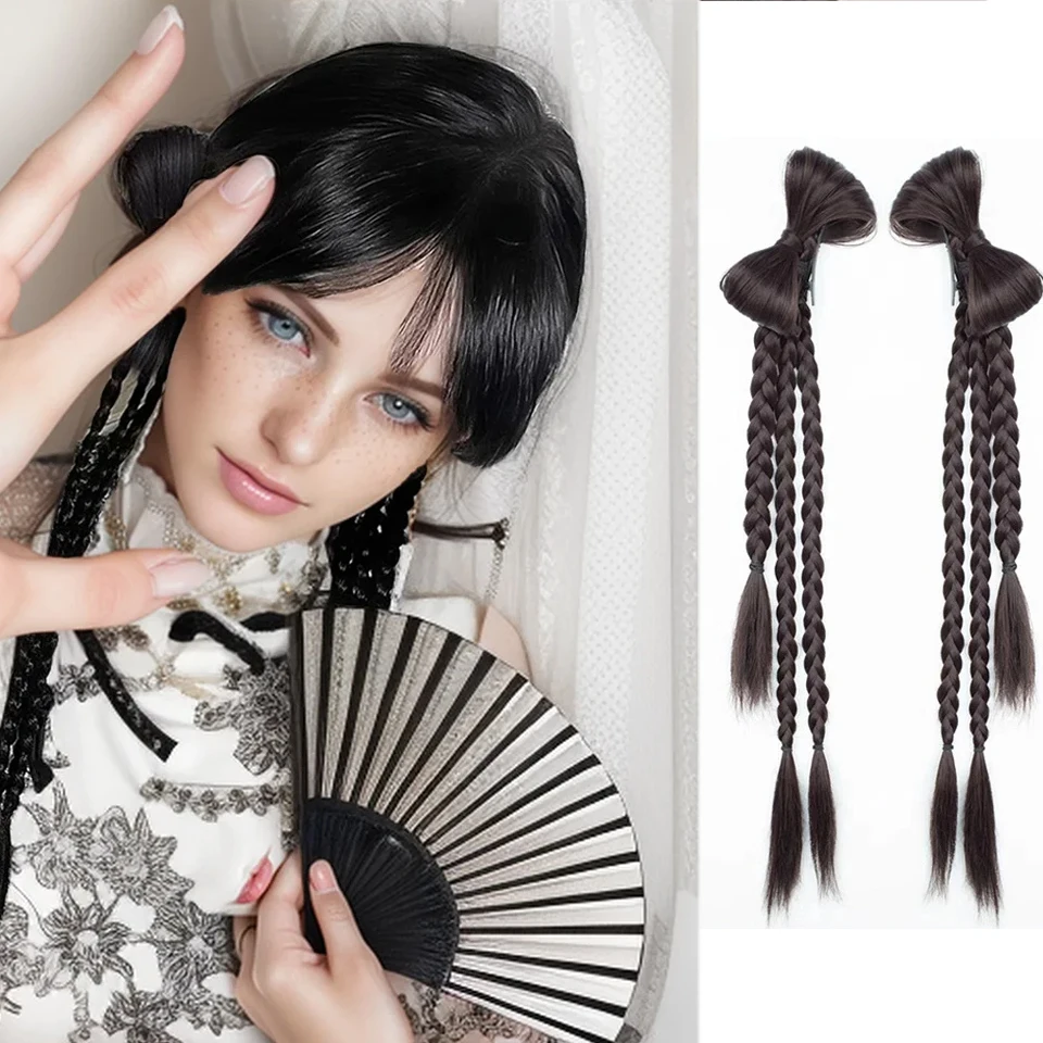 Synthetic Long Bow Tied Braids Ponytail Y2K Twist Braid Ponytail Brown Black New Chinese Style Girl Boxing DIY Double Ponytail