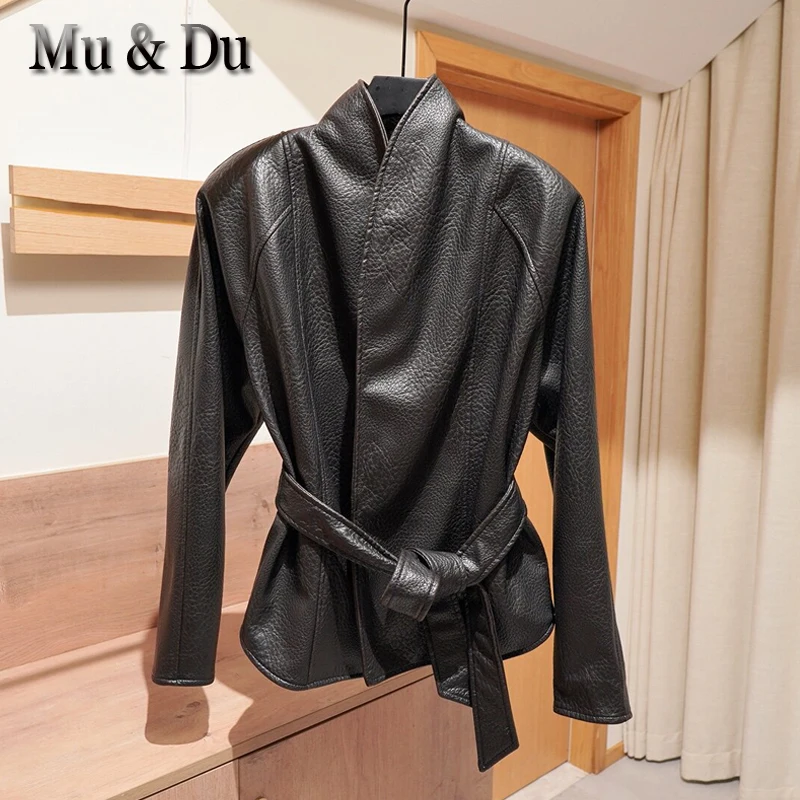 Original Trendy 2026 Brown Shawl Collar Faux Leather Coat Women Autumn Belted Coat  Brand Hot Fashion Girls PU Leather Jackets