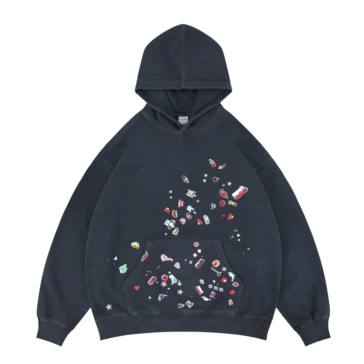 

2025 Autumn/Winter New Product Trendy Cartoon Fun Stickers Children's Fun Mouth Blue Pattern Dyeing Hoodie for Men