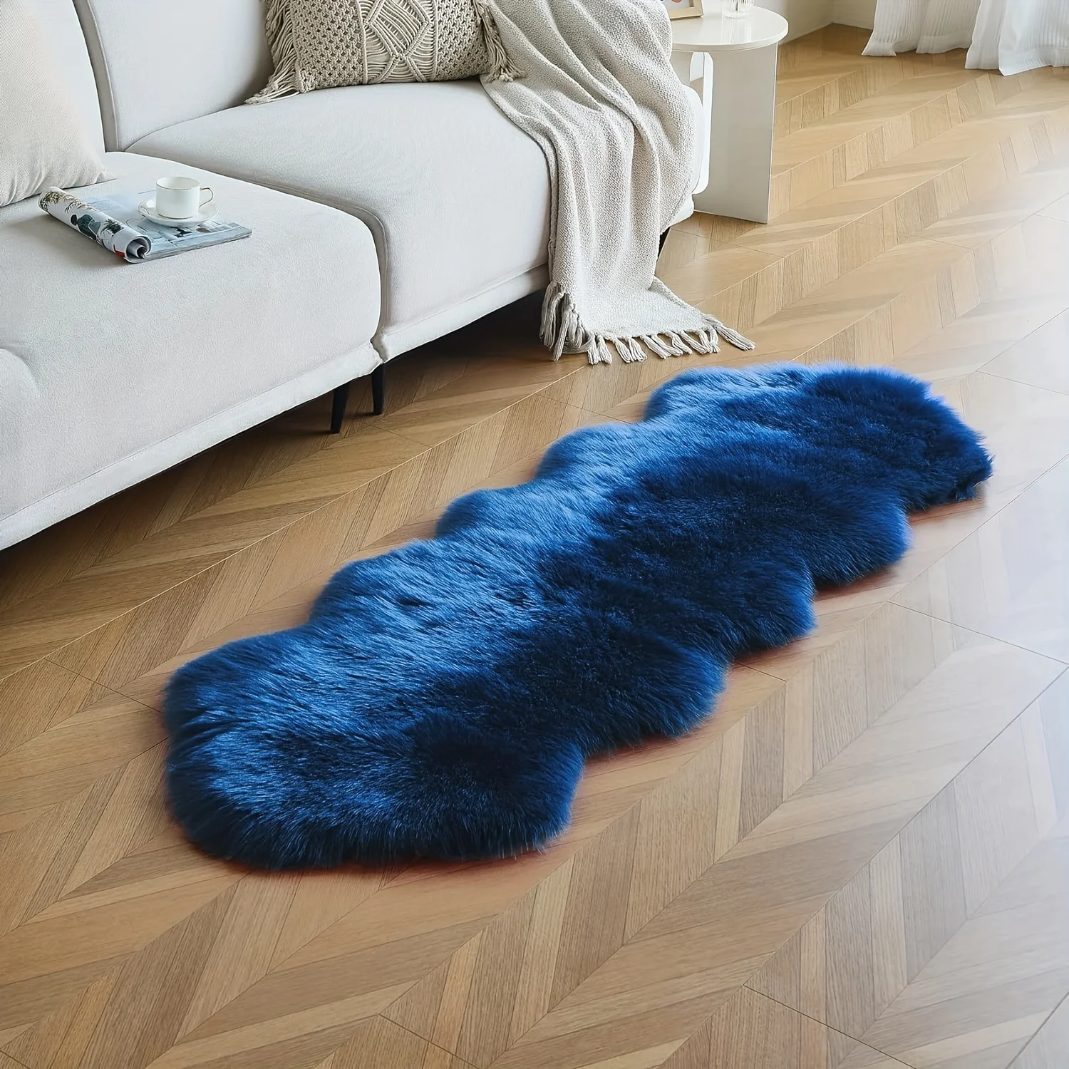All-Weather Faux Fur Running Carpet Fluffy Faux Sofa Cover Runner for Vanity Washable Available in Navy Blue and Emerald Green