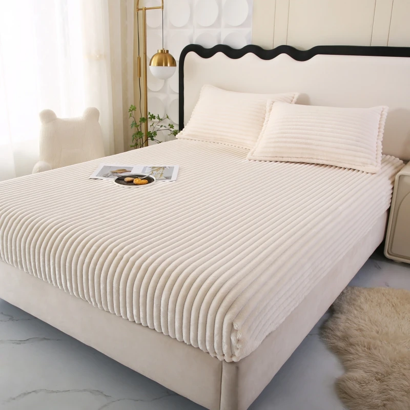 1Pc Solid Color Ribbed Plush Fitted Sheet Mattress Protector Full/Twin/Queen/King Universal for Bedroom Apartment Soft Comfortable Warm Breathable