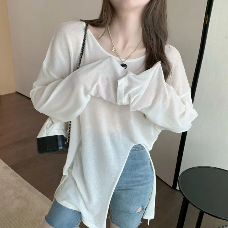 2024 Summer New Korean Minimalist Commuter Women\'s Loose Thin Solid Color Crew Neck Backless Asymmetric Long Sleeve T-shirt Tops