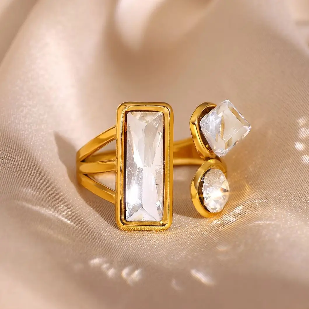Feine Glänzende Zirkonia-Ringe für Damen Edelstahl Rechteckiger Kreis Quadratischer Zirkon Offener Ring Luxus-Schmuck Party-Geschenk