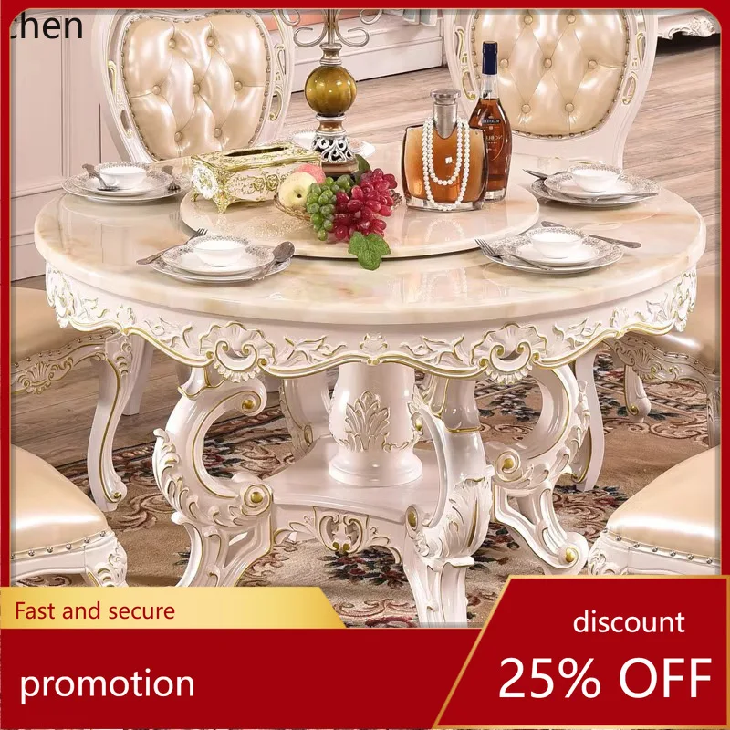 HT Dining Table and Chair Set Round Table Marble 6-Person Home Use Round Modern Simple Solid Wood Dining Table
