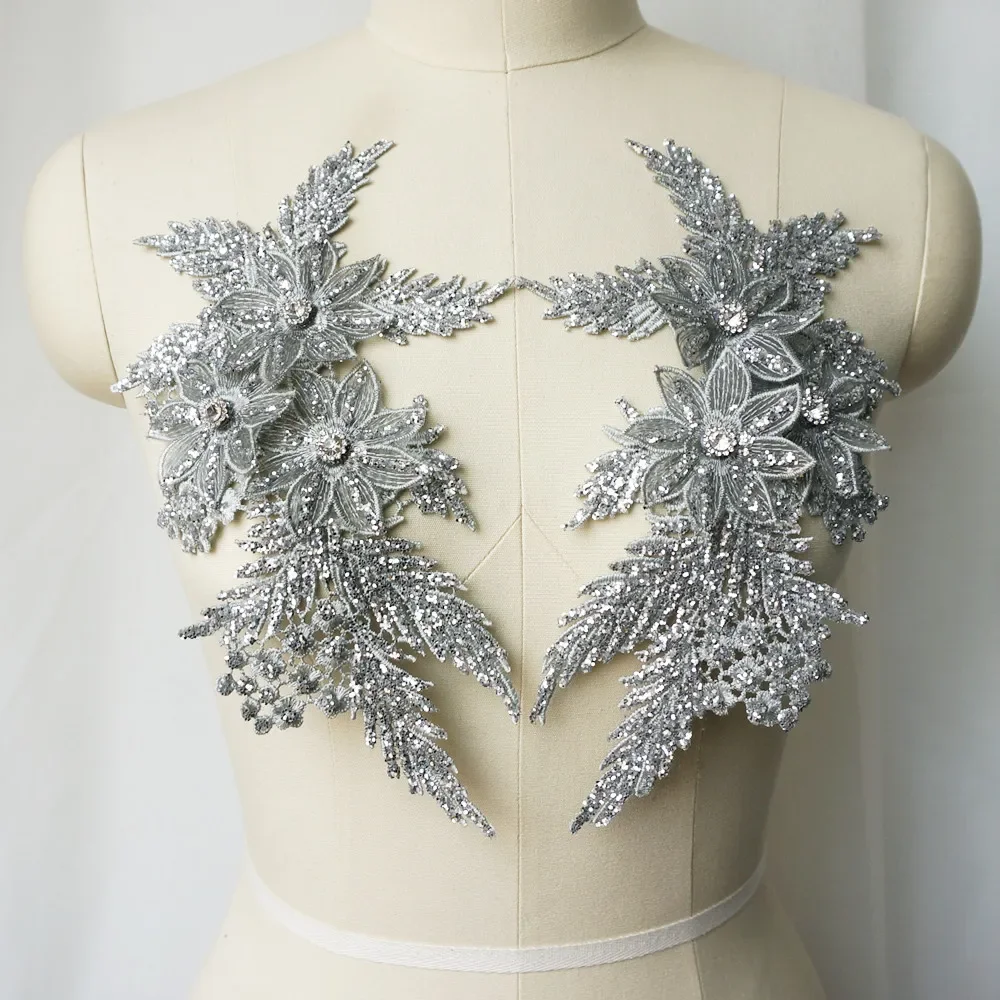 2Pcs Rhinestones Silver Sequin Embroidered Lace Applique Sewing Flower Fabric Patch Wedding Gown Bridal Dress Clothes DIY Crafts