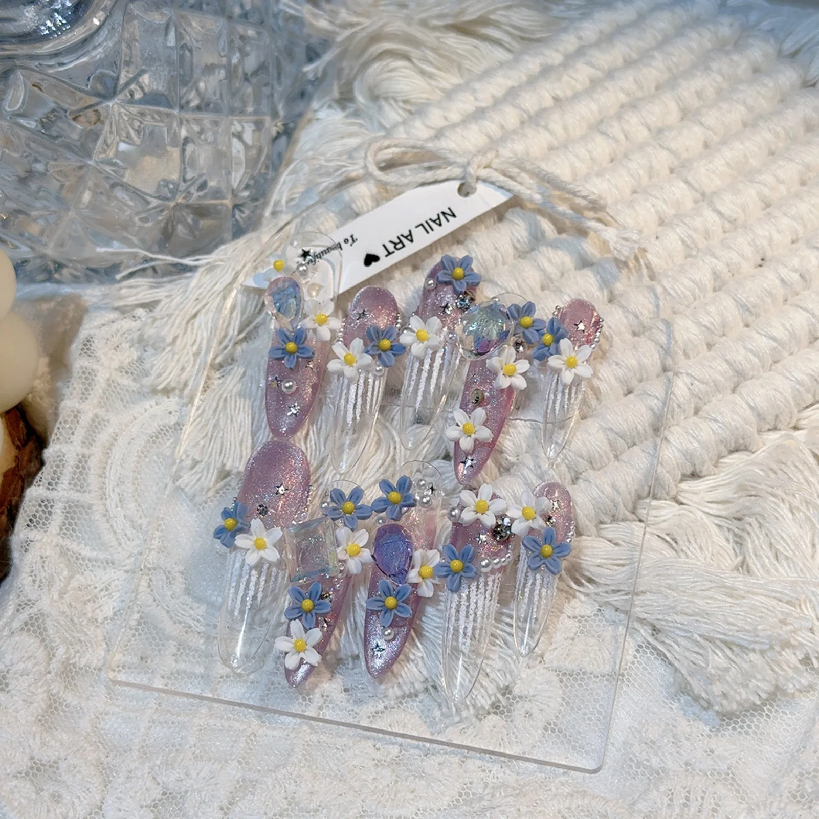 10 pièces presse à la main sur les ongles romantique malve Style français glace Transparent longue amande faux ongles printemps fleur décor faux ongles