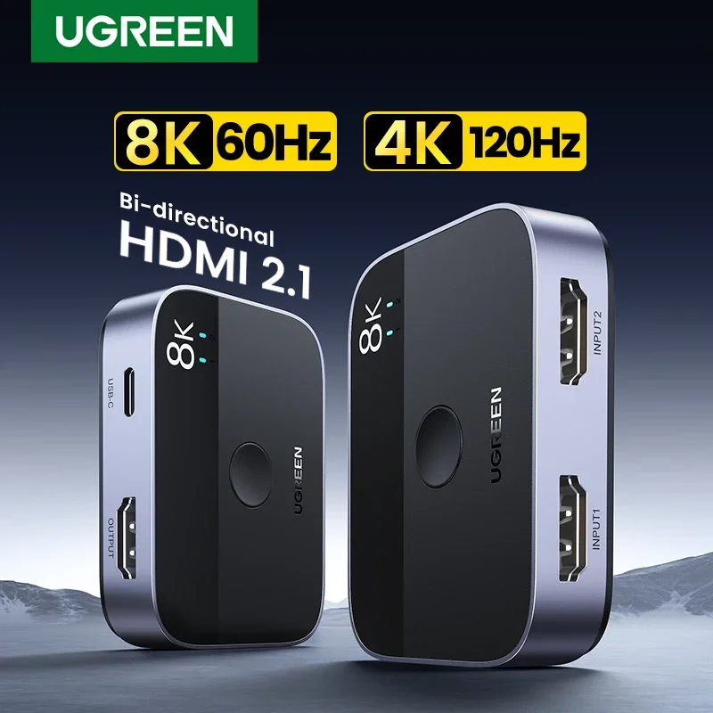 Przełącznik HDMI 2.1 UGREEN 8K 60Hz 2 wejścia 1 wyjście z ręcznym przyciskiem do PS5 Xbox Series X TV Xiaomi Monitor Projektora