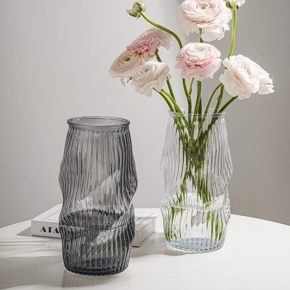Modern Wavy Ribbed Glass Vase Hydroponic Glass Flower Pots Desk Decoration Nordic Style Home Living Room Aesthetic Decor