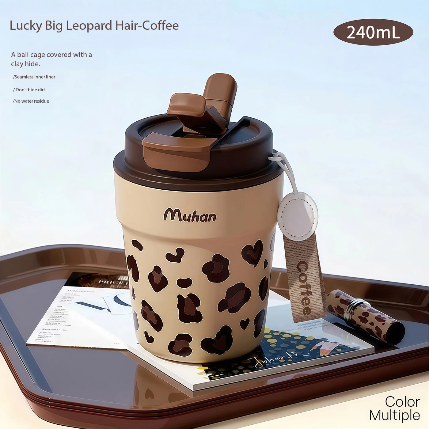 Home Muhan leopard print coffee cup thermos cup for women with good looks, pottery lining, small, portable, mini cute water cup