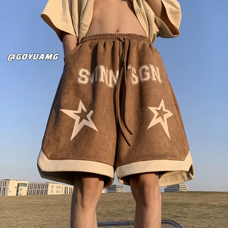 

American Retro Suede orts Men Summer Loose Five-Point Casual Baskeall Pants Teenage Straight- Leg Sports Trousers