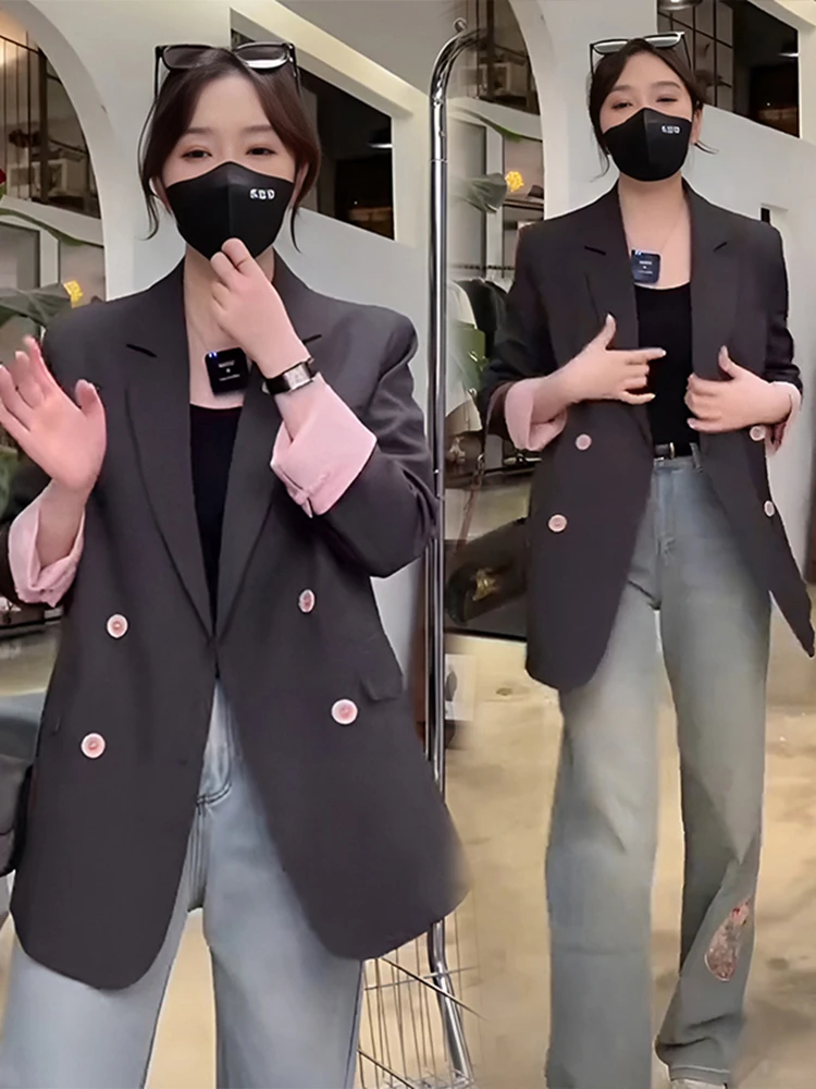 

Весна 2024, новинка, повседневный облегающий китайский женский костюм Sle, джинсовая длина, двубортный костюм для поездок на работу Faion