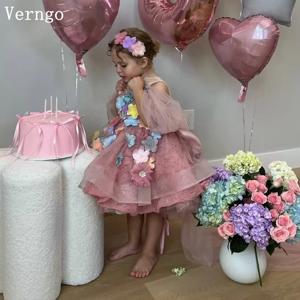 

Verngo Pink 3D Flowers Girl Flowers Dress O Neck Appliques A Line Kid Formal Occasion Dresses Princess Ball Gowns Customized